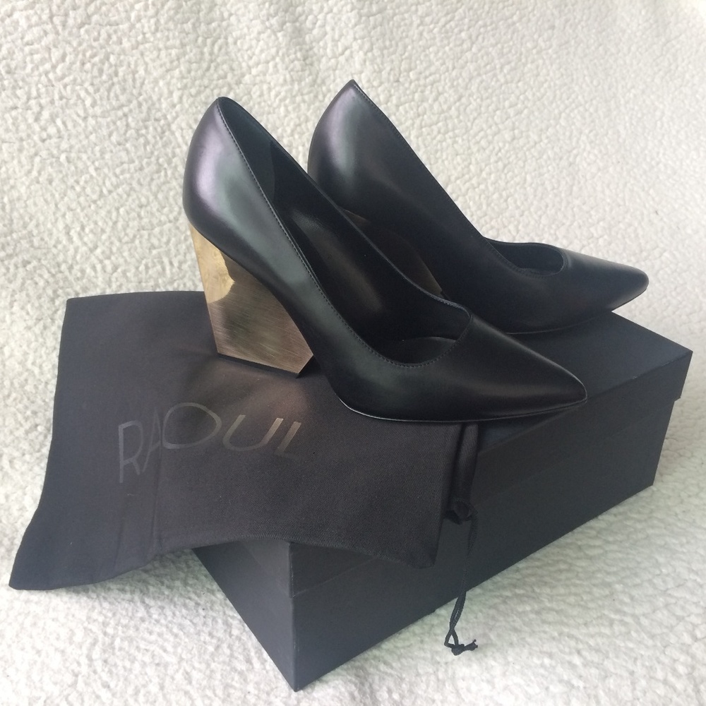 Raoul Black Pointed Toe Gold Heel Wedge